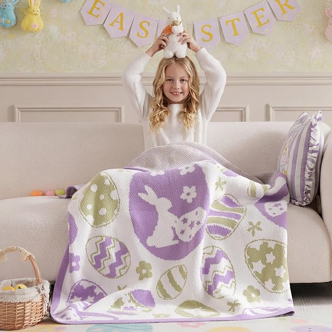 Animal Chenille Throw Blanket for Couch, Bunny and Eggs Knit Throws, Cozy Soft Summer Party Themed Blankets for Sofa, Bed, Gift & Decor, 50"x60", Purple/Green