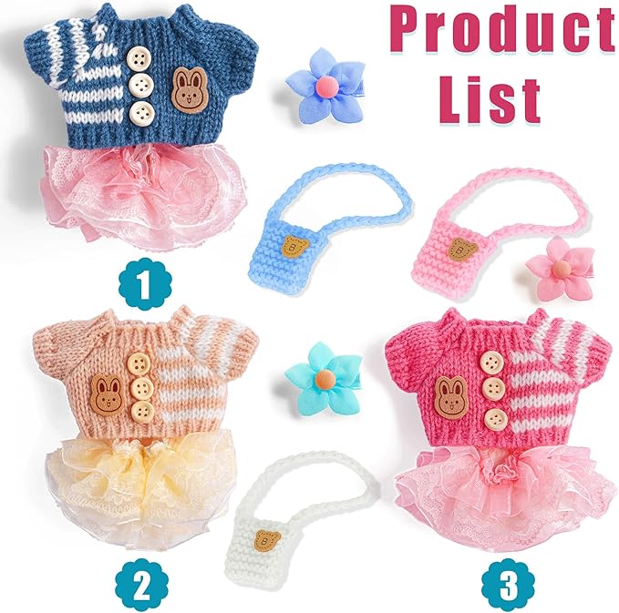 ebuddy 3 Sets Doll Clothes for 17cm Plush Doll - Fashion Outfit Collection Knit Tops + Tulle Skirts + Floral Hair Clips & Bags -Clothes Only No Glasses