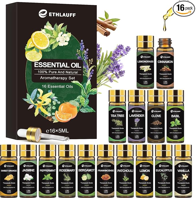 Essential Oils Set - 16x5ml Essential Oil for Diffusers for Home, Humidifier, Aromatherapy, Massage, Soap, Candle Making (0.17oz)