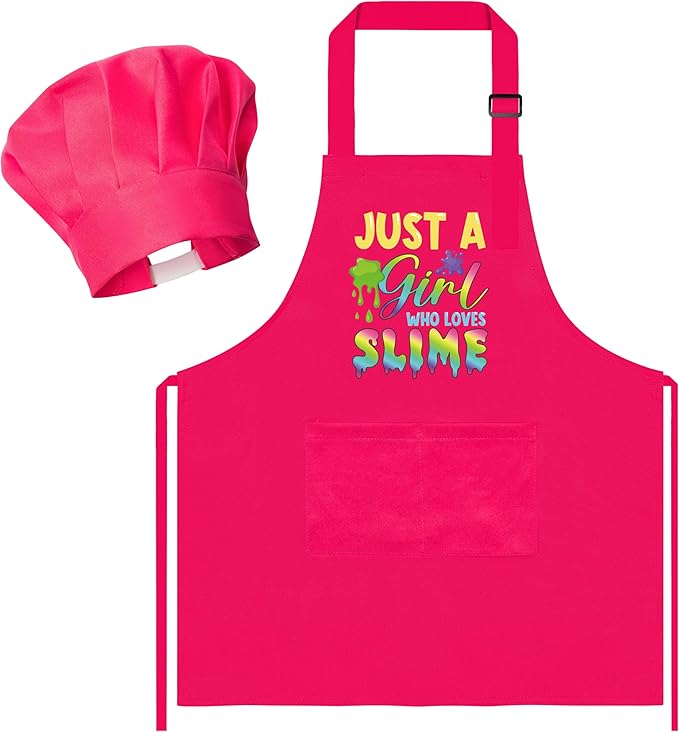R HORSE 2Pcs Kid Apron and Chef Hat Set, Adjustable Children Pink Kitchen Toddler Apron for Girl Who Loves Slime, Dress up Role Play Chef Toy Funny Cooking Gift Birthday Gift for Kids Baking Painting