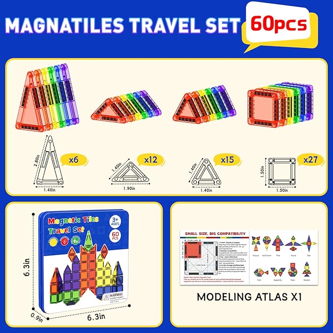 Travel Mini Magnetic Tiles 60 PCS, STEM Yoys Magnetic Building Toys for Kids Ages 4-8 with Iron Case, Blocks Building Preschool Learning Sensory Montessori Toys for 3+ Year Old Boys and Girls