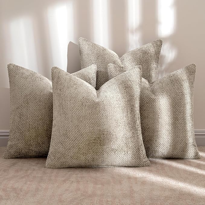 MIULEE Soft Decorative Chenille Pillow Covers Khaki 18x18 Pack of 4 | Modern Home Decor, All Same Khaki Color Set, Couch Throw Pillows, Farmhouse Boho Cushion Covers for Sofa Bed Living Room