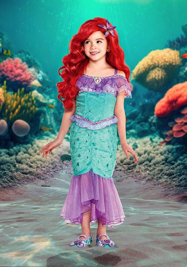 Girl's Ariel Classic Costume | Kids Shimmering Mermaid Dress with Tulle Accents for Halloween or Themed Parties