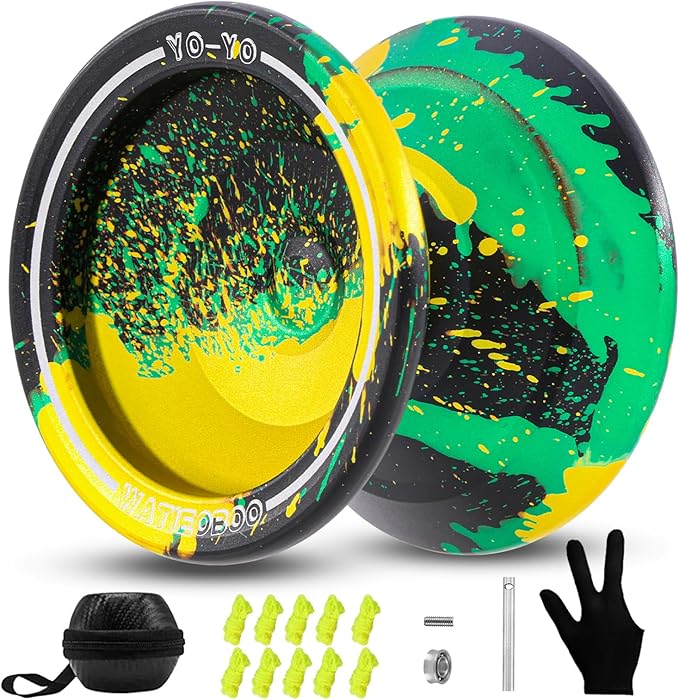 WATIEOBOO Yoyo Professional Metal Responsive Yoyo,Unresponsive Yo yo for Adults with Glove and 10 Replacement Yoyos Strings -Black Green Yellow