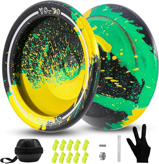 WATIEOBOO Yoyo Professional Metal Responsive Yoyo,Unresponsive Yo yo for Adults with Glove and 10 Replacement Yoyos Strings -Black Green Yellow