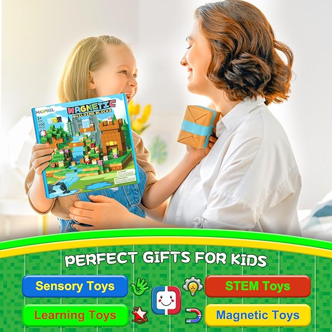 Magnetic Blocks Sensory Toys for Kids: Magnetic Building Blocks for Boys & Girls Ages 3+, Educational STEM Kids Toys for Creative Learning with 32 Patterns, Christmas Birthday Toddlers Gifts (100pcs)
