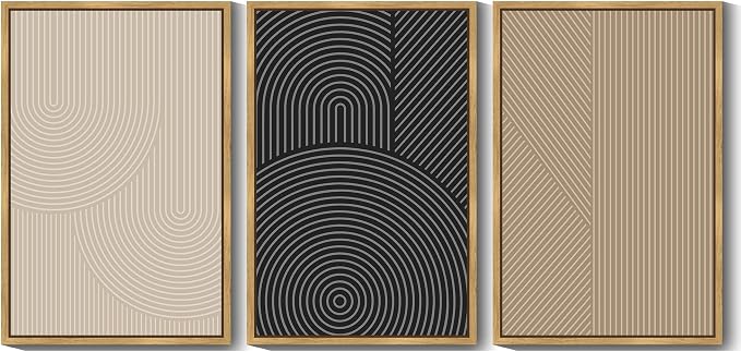 Drsoum Mid-Century Modern Framed Wall Art Large 24x36in Minimalist Abstract Boho Neutral Line Wall Decor Geometric Artwork Kitchen Dining Room Natural Framed