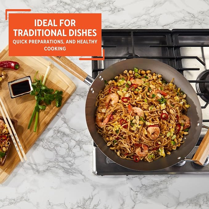 IMUSA 14 Inch Carbon Steel Wok with Wood Handles for Noodles | Natural Nonstick Surface, Cool Touch and Helper Handles, Lightweight Flat Base, Ideal for Stir-Frying and Asian Dishes