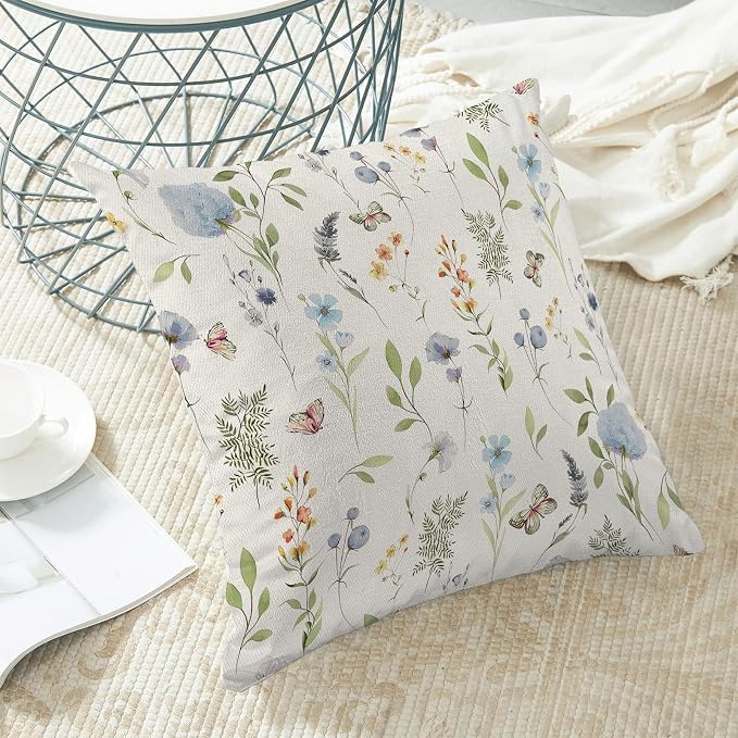 Spring Pillow Covers 16x16 Inch Set of 2, Sage Green Blue Wild Flower Throw Pillows Case,Colorful Seasonal Floral Plant Outdoor Decorative Farmhouse Decor Cushion Covers for Home Sofa Bed Couch