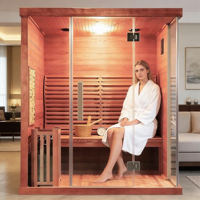 Smartmak Wood Home Traditional Steam Sauna, Wifi Control 4 Person Luxurious Indoor Canadian Red Cedar Wooden Spa Room, with 6 kw Heater, Backrest, Bluetooth Speaker, Rocks, Water Bucket, Spoon, Lights