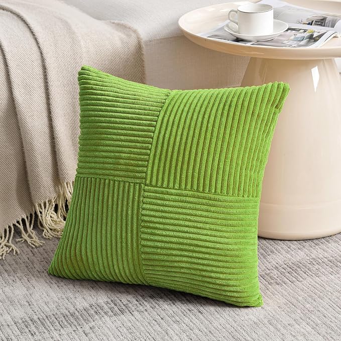 Fancy Homi Set of 2 Lime Green Samll Decorative Throw Pillow Covers 12x12 Inch with for Couch Bed Sofa Living Room, Soft Cross Patchwork Striped Corduroy Modern Square Cushion Case 30 cm