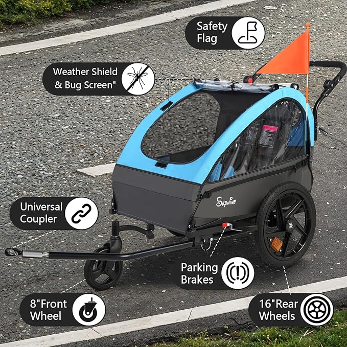 Sepnine Kids Bike Trailer, 2 in1 Canopy Carrier Converts to Stroller Suitable for 1 to 2 Kids, 12+ Months, Quick Attach to Bike, Foldable, with 5-Point Harness and Storage Bags
