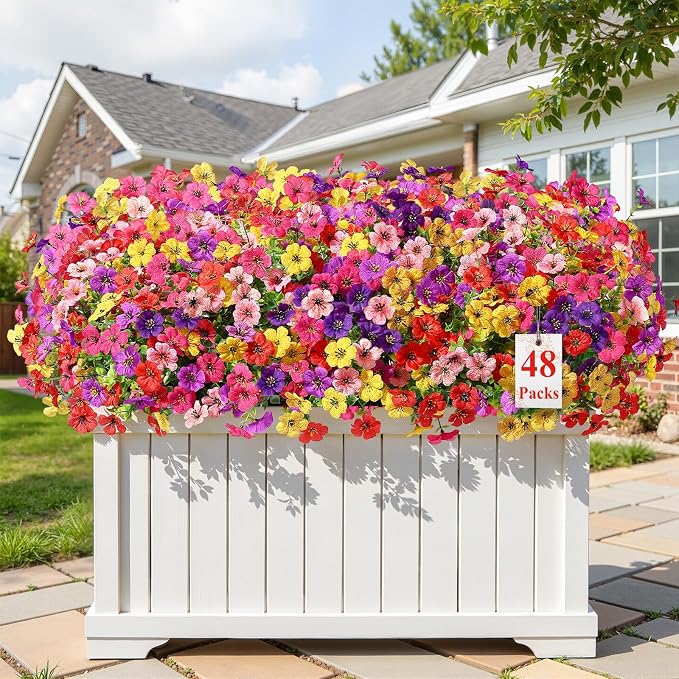 Alupssuc 48 Bundles Artificial Daisy Flowers UV Resistant for Outdoor Decor | Silk & Plastic, Spring Faux Plants Greenery, Bendable Stems, for Porch Patio Hanging Window Planter Yard Outside, 6 Colors