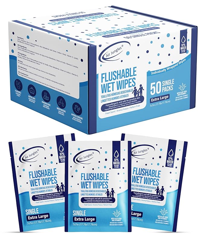 Air Jungles Flushable Wipes Travel Size Individually Wrapped 50 Ct | On-the-Go Butt Wipe with Aloe Vera & Vitamin E, Ultra Soft and Large for Adult and Kid, 97% Water - XL 7 X 7 in, Fresh Scent