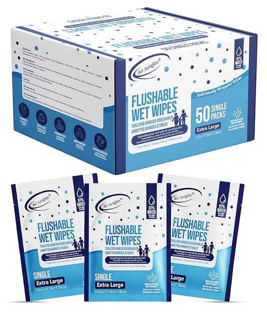Air Jungles Flushable Wipes Travel Size Individually Wrapped 50 Ct | On-the-Go Butt Wipe with Aloe Vera & Vitamin E, Ultra Soft and Large for Adult and Kid, 97% Water - XL 7 X 7 in, Fresh Scent