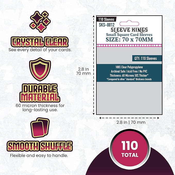 Sleeve Kings Standard Card Sleeves – 110 Count, Clear 60 Micron Thickness, Medium Square Size (70 x 70 mm), Compatible with Power Grid & More – SKU: SKS-8812