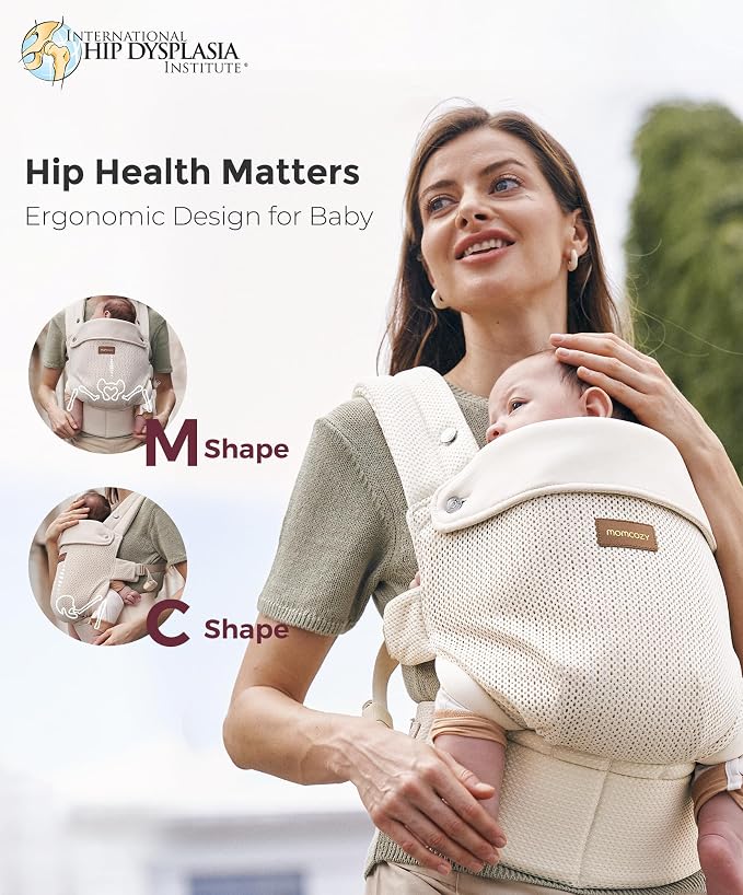 Momcozy Baby Carrier - Ergonomic, Cozy and Lightweight Carrier for 7-45lbs, Effortless to Put On, Ideal for Hands-Free Parenting, Enhanced Lumbar Support, Air Mesh-Almond