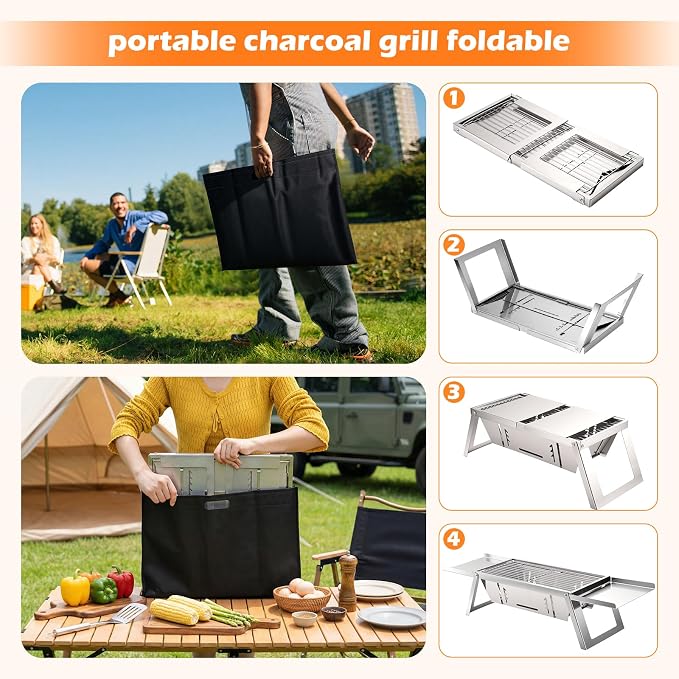 Small Portable Folding Charcoal BBQ Grill for Camping Picnic Garden Terrace | Mini tabletop barbecue with 4-level heat control, easy to operate, practical outdoor gear for backyard and outdoor gatherings