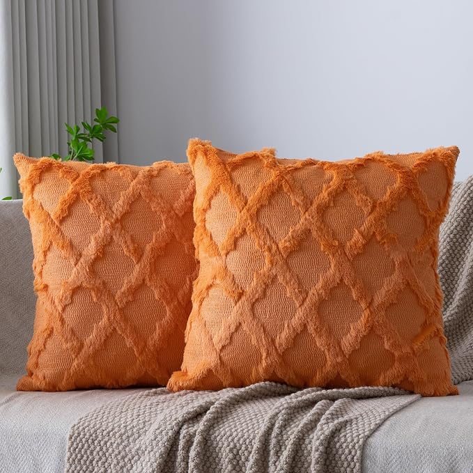 Set of 2 Soft Moroccan Throw Pillow Covers 18x18 Inch Plush Boho Decorative Pillow Cover Accent Cushion Case for Couch Sofa Bed, Orange