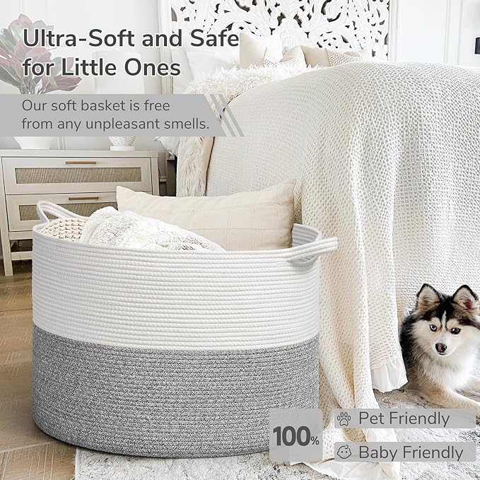 INDRESSME 115L Extra Large Woven Rope Blanket Basket Living Room Light Grey | 23.6" x 15.7" Storage baskets for toys laundry & pillows. Fits living room, bedroom or nursery décor. Soft-touch with handles