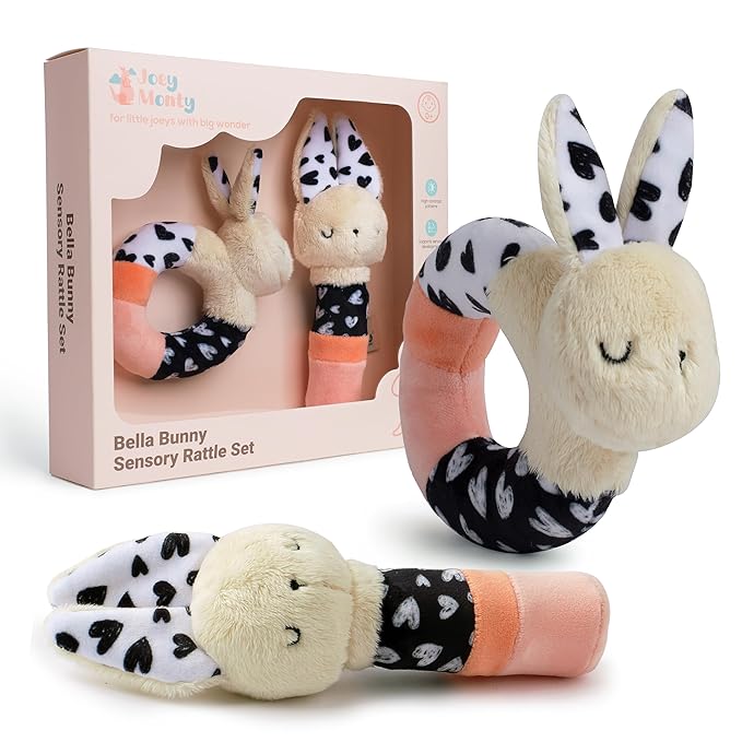 Bella Bunny Sensory Rattle Set – Newborn Rattle & High Contrast Baby Toys (0–6 Months), Soft Plush Bunny Lovey for Play & Gift Giving