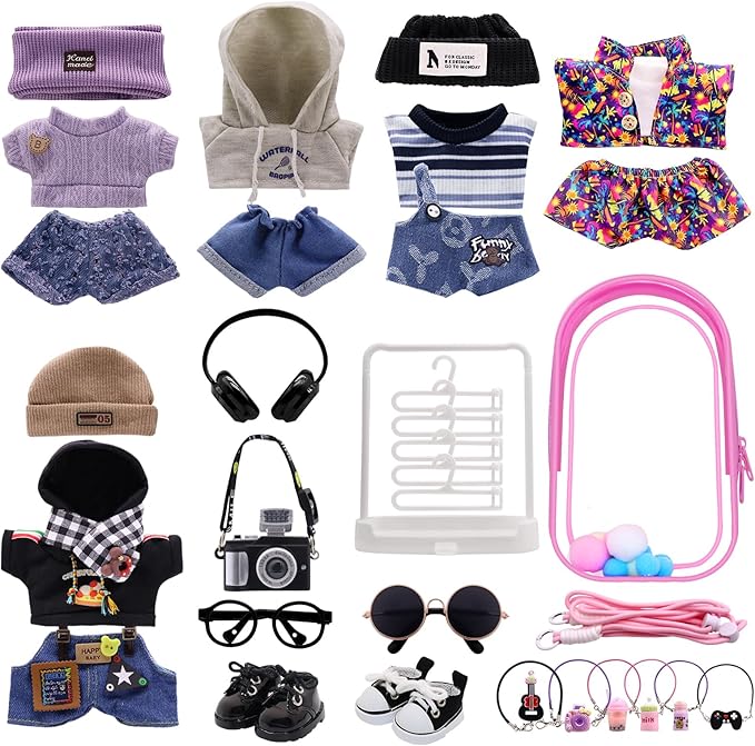 5-Pack Clothes Set Designed for Labubu Clothes with Accessories Set, Includes 6 Mini Accessories, Display Bag, Clothes Rack, Headphones, Camera, Sunglasses, Shoes Accessories for Labubu - Style A