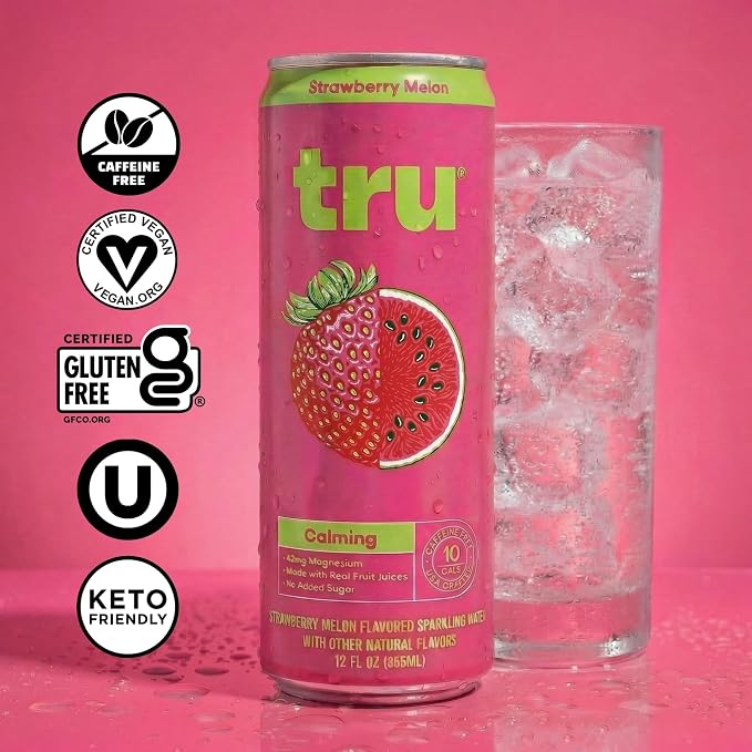 Tru Calming Drink, Magnesium Glycinate Sparkling Water with Real Fruit Juice, Strawberry Melon Flavored Seltzer, Caffeine Free, No Added Sugar, Keto, Vegan, Kosher, Gluten Free, 12 Fl Oz (Pack of 12)