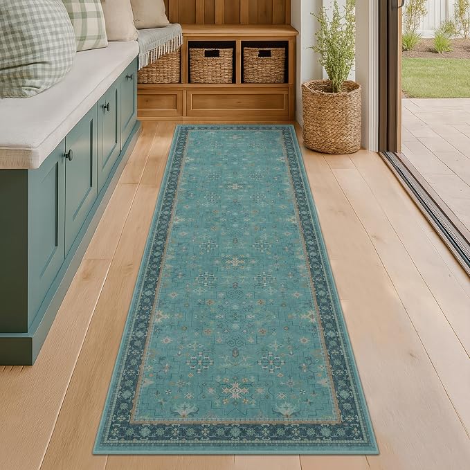 Boho 2x10 Extra Long Runner Rugs for Hallways - Machine Washable for Entryway Indoor, Stain Resistant Runner Rug for Kitchen - Non Slip with Rubber Backing, Teal Low Pile & Soft Carpet