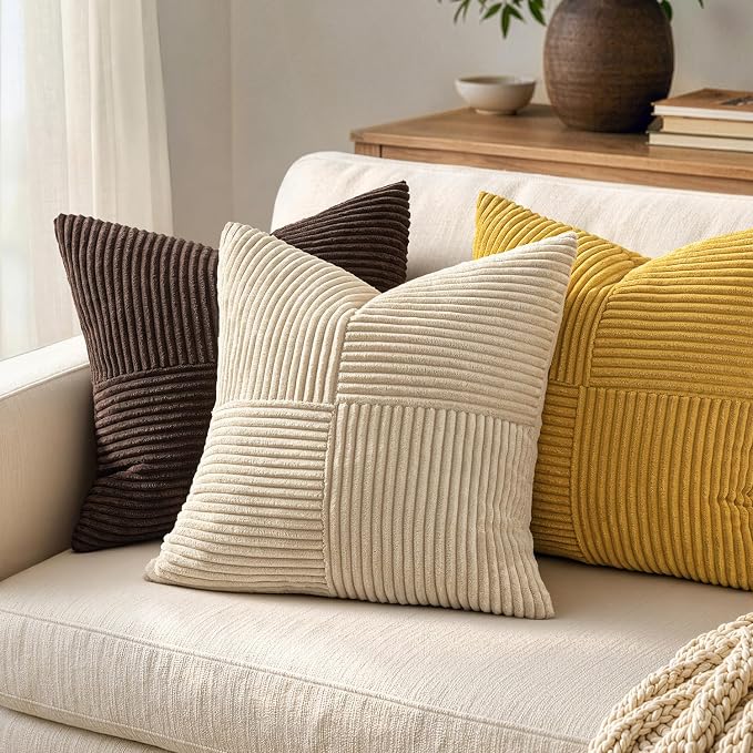 MIULEE Mustard Yellow Decorative Euro Sham Pillow Covers 24x24 Inch 2 Pack | Boho Farmhouse Pillow Covers, Soft Cross Corduroy Patchwork Textured Cushion Cases For Couch Bed Sofa