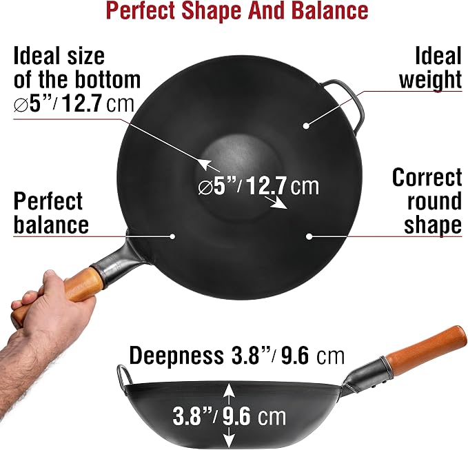 YOSUKATA Carbon Steel Wok Pan 13,5 “ + Premium Wok Cover 13.5 inch Pan Lid + Natural Wooden Long Cooking Chopsticks Set of 3 pairs