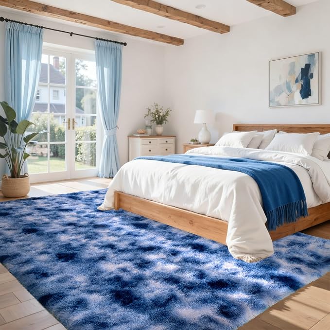 Fuzzy Blue White Rug for Bedroom Soft Fluffy 4x6 ft Living Room Rug Non-Slip Area Rugs Shag Carpet for Nursery Kids Play Room Dorm Office Indoor Modern Plush Carpets