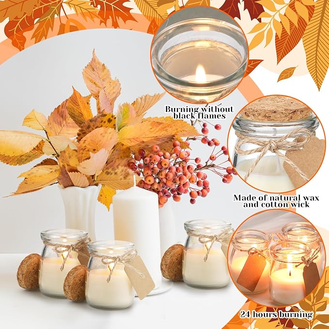 MTLEE 24 Pcs Fall Jar Candles Holiday Candle Gifts Natural Wax Jar with DIY Tag Cards Gift for Halloween Thanksgiving Party Favor Home Supply Decor, Scents of Pumpkin Cake/Apple/Syrup/Ginger Pumpkin