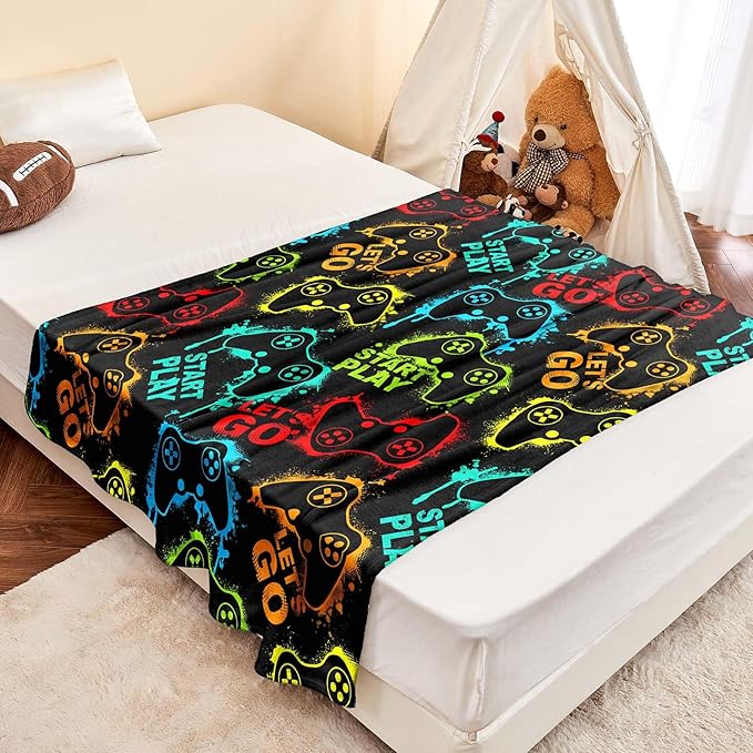 Wajade Game Blanket for Boys and Girls 3D Colorful Video Games Controller Blanket for Kids Teens Soft Warm Fuzzy Game Blanket for Couch Sofa Bed 60x80inch