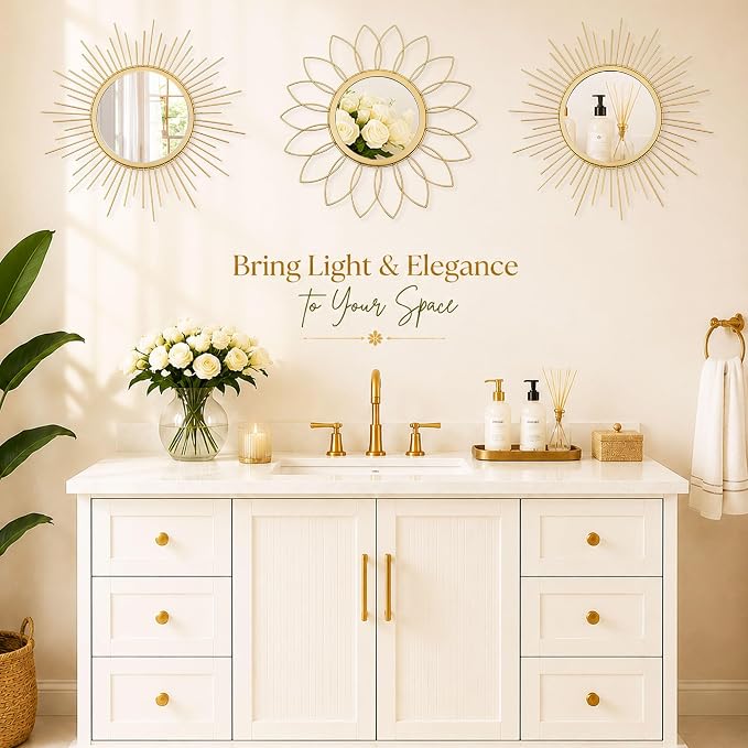 3 Pack Metal Mirrors for Wall Sunburst Wall Mirrors Home Décor Decorative Hanging Wall Art for Living Room Bedroom Entryway (Gold, Flower+Sunburst)