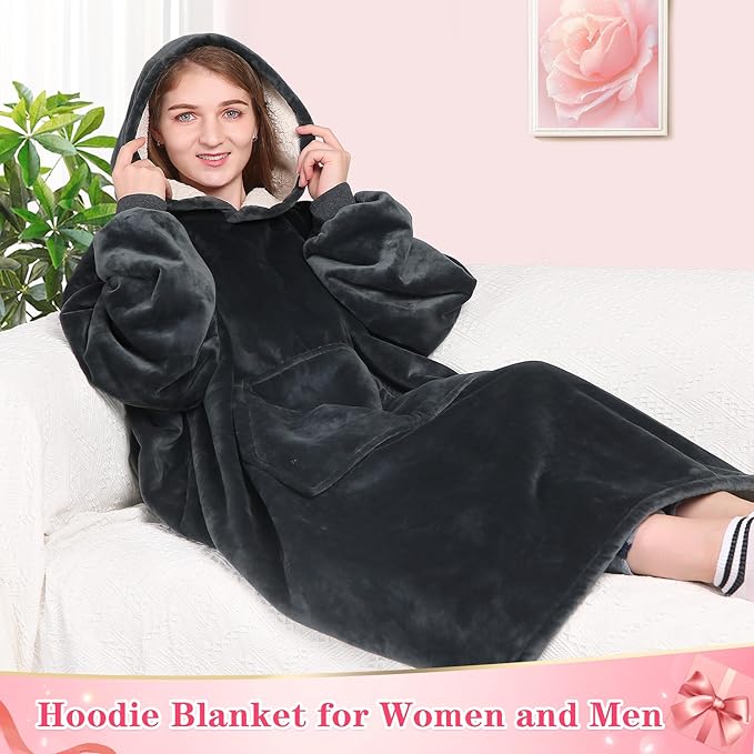 Waitu Wearable Blanket Sweatshirt Gifts for Women and Men, Sherpa Wearable Blanket Adult, Oversized Blanket Hoodie, Thick Sherpa Blanket, Warm Body Blanket Robe - Dark Gray