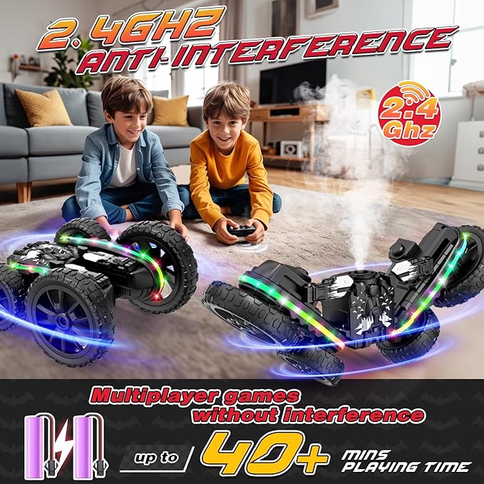 Jimdella RC Cars Toys, 2-in-1 Remote Control Car Transform 4WD with Spray & LED Lights, 2.4GHz Off-Road Stunt Truck for 360° Flips Gift for Boys Age 8-12 (Black)