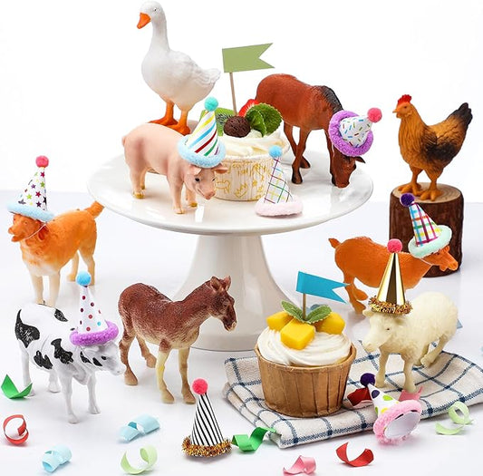 18 Pcs Farm Animal Birthday Party Decorations Mini Birthday Hat Animal Figure Model Cake Toppers with Mini Hat for Birthday Party, Animals Themed Party