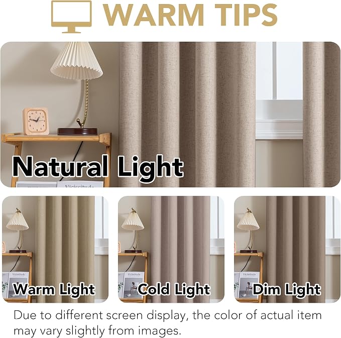 H.VERSAILTEX Linen Curtains 100% Blackout Curtains for Bedroom 63 inch Long Full Light Blocking Nature Linen Blended Window Curtains for Living Room Nickel Grommet (2 Panels, Heathered Sand)