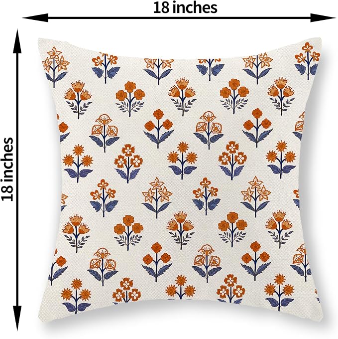 Farmhouse Floral Block Print Pillow Covers 18x18 Set of 2, Vintage Rustic Decorative Throw Pillows Modern Flower Cushion Covers for Sofa Couch Bed Living Room Home Decor, Navy Blue Orange