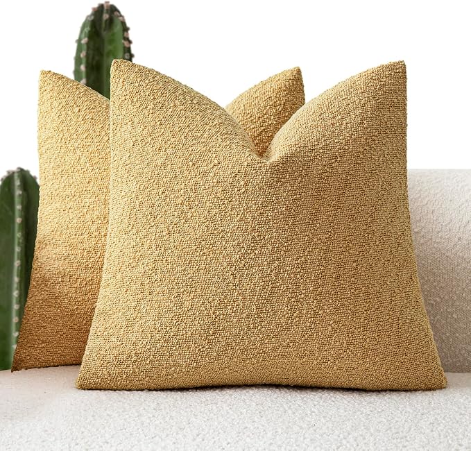Foindtower Set of 2, Decorative Textured Boucle Throw Pillow Covers Accent Solid Pillow Cases Neutral Couch Cushion Case for Chair Sofa Bedroom Living Room Home Decor 24x24 Inch Light Yellow