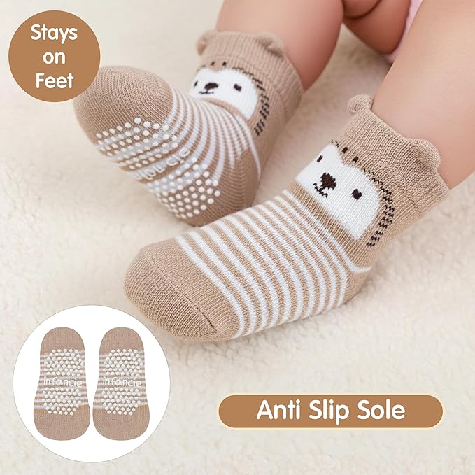 Organic Cotton GOTS Certified Non-Slip Baby Socks 0-6 Months - 7 Pairs Soft Breathable Newborn Socks Animal Design For Infant