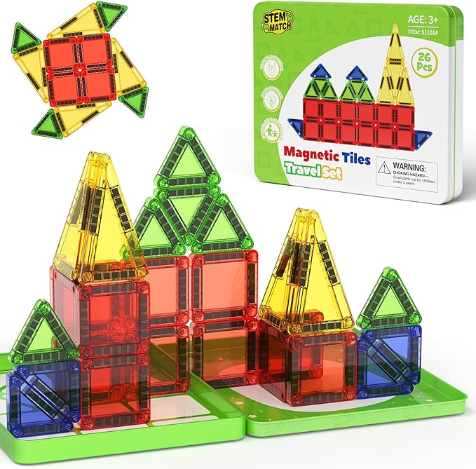 Mini Magnetic Tiles Travel Set, 26PCS Compact Magnetic Building Blocks for Kids Ages 4-8 & Toddlers 1-3, Airplane Toys with Visual Storage Guide & Metal Box