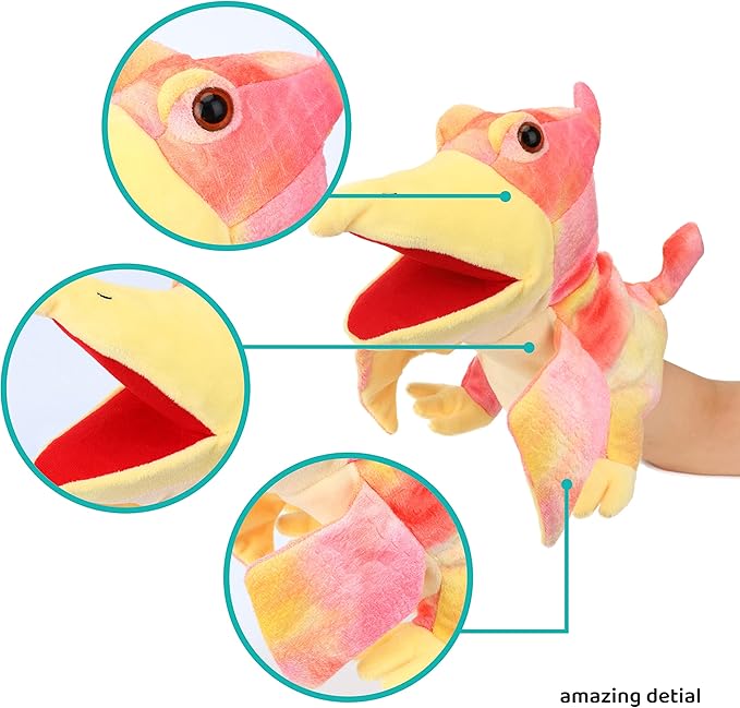 Cuteoy Plush Pterosaurus Hand Puppet Stuffed Animal Toy Open Movable Mouth Creative Role Play Storytelling Dinosaur Plushies Gifts for Kids Toddlers Birthday Christmas