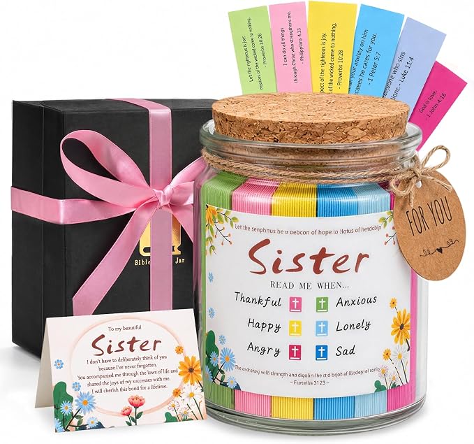 Bible Verse Jar for Sisters, Faith Encouragement Gift with Color-Coded Verses, Ideal for Birthdays, Christmas, and Mother’s Day. A heartwarming spiritual companion for Christian women and girls.
