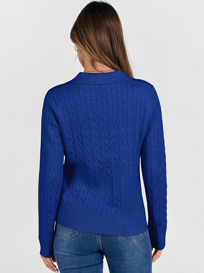 ANRABESS Womens Cable Knit Sweaters Long Sleeve V Neck | Pullover Collared Sweater Tops, Polo Knit Shirts, Business Casual Work, Tennis Golf, Fall Winter Fashion Outfits