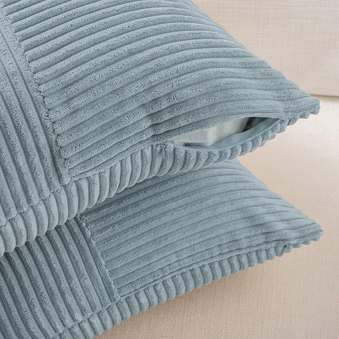 Fancy Homi Set of 2, Light Blue Patchwork Corduroy Decorative Soft Striped Modern Accent Cushion Case Farmhouse Boho Neutral Throw Pillow Covers for Chair Couch Bed Sofa Living Room 32x16 Inch