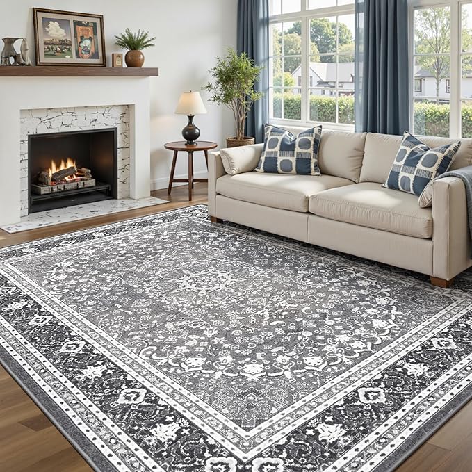 6x9 Area Rugs for Living Room, Washable Non-Slip Rug, Oriental Light Grey | Area Rugs for Bedroom, Low Pile Large Area Rug for Kitchen, Dining Room, Home Office, Vintage Oriental Print Rug
