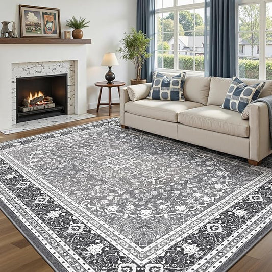 6x9 Area Rugs for Living Room, Washable Non-Slip Rug, Oriental Light Grey | Area Rugs for Bedroom, Low Pile Large Area Rug for Kitchen, Dining Room, Home Office, Vintage Oriental Print Rug