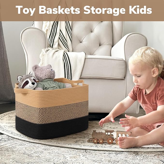 Goodpick 50L Large Woven Storage Basket, 18" x 14" x 12", Black & Jute | Stylish Gift Basket for Home Decor, Cotton Rope Baskets for Blankets & Toys Storage, Living Room & Bedroom Organization