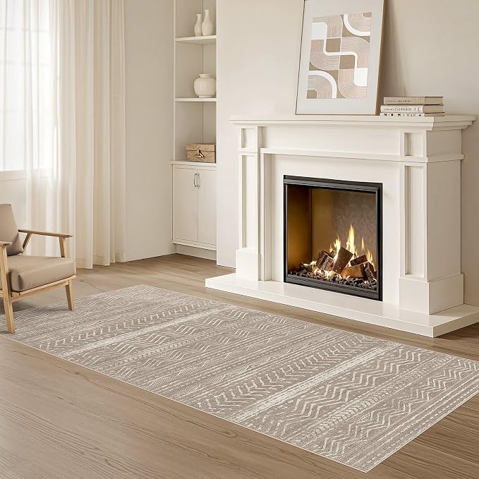 Nakagishi Area Rug Living Room Rugs: 3X8 Machine Washable Boho Large Neutral Farmhouse Stain Resistant Moroccan Indoor Floor Carpet for Bedroom Nursery Dorm Dining Room Home-Dark Brown